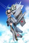  1girl aircraft airplane fighter_jet flying green_hair hair_over_one_eye highres jet kws long_hair mecha_musume military military_vehicle original sky solo 