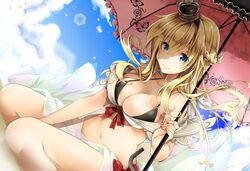  1girl akatsuki_hijiri between_legs bikini blonde_hair blue_eyes braid breasts clouds crown hand_between_legs kantai_collection kneeling looking_at_viewer navel sitting sky smile solo swimsuit umbrella wariza warspite_(kantai_collection) wind 