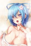  1girl bangs blue_eyes blue_hair blush breasts cleavage collarbone flower hair_between_eyes hair_flower hair_ornament heart heart-shaped_pupils indoors kaku_seiga koissa large_breasts looking_at_viewer mole mole_under_eye naked_towel naughty_face nose_blush open_mouth saliva shiny shiny_hair shiny_skin short_hair showering solo steam symbol-shaped_pupils teeth tongue tongue_out touhou towel upper_body wet 