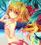  1girl beach beach_towel bikini blonde_hair blue_sky breasts cleavage day flandre_scarlet hair_ribbon long_hair looking_at_viewer outdoors palm_tree paw_pose pointy_ears red_bikini red_eyes red_ribbon ribbon rimu_(kingyo_origin) side-tie_bikini side_ponytail sky small_breasts smile solo string_bikini striped striped_bikini swimsuit touhou towel tree wings 