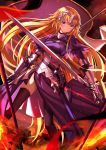  1girl armor blonde_hair chains fate/apocrypha fate_(series) fire flag gauntlets headwear highres ruler_(fate/apocrypha) skirt solo sword swordsouls thigh-highs violet_eyes weapon 