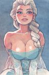  1girl bare_shoulders blue_eyes braid breast_squeeze breasts cleavage collarbone detached_sleeves dress elsa_(frozen) frozen_(disney) hair_over_shoulder highres joel_jurion large_breasts lips single_braid solo strapless strapless_dress traditional_media v_arms watercolor_(medium) white_hair 