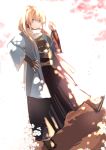  1boy blonde_hair blue_eyes clenched_hand cosplay dutch_angle hakama hand_on_hip haori japanese_clothes male_focus midare_toushirou ponytail sandals scarf shinsengumi smile tabi touken_ranbu ui_(majiwi) yamato-no-kami_yasusada yamato-no-kami_yasusada_(cosplay) 