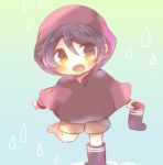  1girl black_hair boot_removed brown_eyes chibi full_body gradient gradient_background kantai_collection kouu_hiyoyo long_sleeves looking_at_viewer mogami_(kantai_collection) open_mouth raincoat short_hair shorts solo standing standing_on_one_leg 