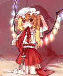  1girl absurdres ascot blonde_hair flandre_scarlet full_body hat highres kneeling long_hair mob_cap mouth_hold red_eyes red_skirt shirt side_ponytail skirt socks solo tis_(shan0x0shan) touhou white_legwear white_shirt wings 