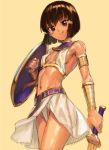  1girl :q assal_(sennen_sensou_aigis) bare_shoulders black_hair breasts brown_eyes covered_nipples dark_skin highres holding holding_shield holding_sword holding_weapon kawakami_rokkaku navel sennen_sensou_aigis shield short_hair simple_background small_breasts smile solo sword tongue tongue_out weapon yellow_background 