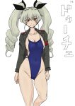  1girl anchovy anzio_military_uniform bangs black_ribbon breasts cleavage closed_mouth collarbone competition_swimsuit dated drill_hair girls_und_panzer green_hair grey_jacket hair_ribbon highleg highleg_swimsuit jacket long_hair long_sleeves looking_at_viewer medium_breasts one-piece_swimsuit open_clothes open_jacket red_eyes ribbon simple_background smile solo standing standing_on_one_leg swimsuit translated twin_drills twintails white_background yasumon 