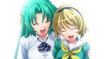  2girls bangs blonde_hair bow child closed_eyes collarbone game_cg green_hair hair_ribbon hairband hand_on_another&#039;s_shoulder higurashi_no_naku_koro_ni houjou_satoko long_hair multiple_girls official_art open_mouth puffy_short_sleeves puffy_sleeves rato ribbon sailor_collar school_uniform short_hair short_sleeves simple_background smile sonozaki_shion 