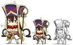  &gt;:&lt; 1girl breasts brown_hair chibi closed_mouth fate/grand_order fate_(series) full_body gourd hair_rings hamu_koutarou hat highres large_breasts long_hair revealing_clothes shakujou staff standing violet_eyes white_background xuanzang_(fate/grand_order) 