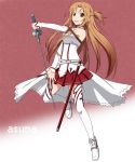  1girl :d asuna_(sao) breastplate brown_eyes brown_hair character_name floating_hair holding holding_sword holding_weapon long_hair miniskirt one_leg_raised one_side_up open_mouth pleated_skirt red_skirt saitoyu00 sheath skirt smile solo sword sword_art_online thigh-highs very_long_hair weapon white_legwear 