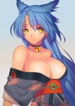  1girl animal_ears bell bell_collar blue_hair blush breasts cleavage collar collarbone dcoagt large_breasts long_hair looking_at_viewer rance_(series) smile solo suzume_(rance) upper_body yellow_eyes 