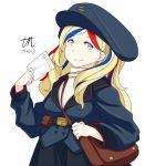  1girl 2017 bag beret blonde_hair blue_eyes blue_hair blue_hat commandant_teste_(kantai_collection) cowboy_shot dated envelope hat kantai_collection long_hair looking_at_viewer multicolored_hair pom_pom_(clothes) postcard redhead signature smile solo streaked_hair tun white_hair 