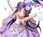  1girl armpits arms_up black_hair breasts collarbone dress floating_hair flower gloves hair_flower hair_ornament head_wreath long_hair looking_at_viewer pointy_ears purple_flower red_eyes sleeveless sleeveless_dress small_breasts smile solo strapless strapless_dress sword_art_online transparent_background very_long_hair white_flower white_gloves yuuki_(sao) 
