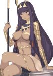  1girl armlet breasts dark_skin earrings egyptian egyptian_clothes empty_eyes facial_mark fate/grand_order fate_(series) hairband highres hoop_earrings ibuki_notsu jewelry legs_crossed loincloth long_hair looking_at_viewer medium_breasts navel nitocris_(fate/grand_order) purple_hair revealing_clothes sidelocks simple_background sitting solo stomach very_long_hair violet_eyes white_background 