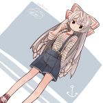  1girl aioi_aoi alternate_costume bangs blue_shorts bow dated dutch_angle fujiwara_no_mokou hair_bow long_hair looking_at_viewer red_eyes red_shoes shirt shoes shorts solo standing striped striped_shirt suspenders touhou very_long_hair white_bow white_hair 