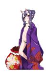  1girl alternate_hairstyle closed_mouth denden_taiko fate/grand_order fate_(series) flat_chest highres japanese_clothes kimono looking_at_viewer navel oni oni_horns pointy_ears purple_hair short_hair shuten_douji_(fate/grand_order) smile solo standing violet_eyes younger 