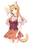  1girl :3 animal_ears arm_behind_head bell blonde_hair bow bowtie cat_ears cat_tail coast_rover cowboy_shot curly_hair eyebrows_visible_through_hair green_eyes hairband head_tilt highres jingle_bell long_hair looking_at_viewer maple_(sayori) nekopara parted_lips plaid plaid_skirt short_sleeves sidelocks simple_background skirt smile solo tail white_background 