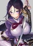  1girl armor between_breasts blush bodysuit breasts fate/grand_order fate_(series) fingerless_gloves gloves hakuishi_aoi holding japanese_armor katana kote kurokote large_breasts long_hair looking_at_viewer minamoto_no_raikou_(fate/grand_order) purple_hair simple_background smile solo sword very_long_hair violet_eyes weapon 
