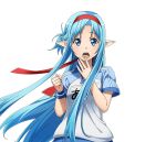  1girl asuna_(sao-alo) blue_eyes blue_hair character_name covering_mouth floating_hair gym_uniform hand_over_own_mouth headband long_hair open_mouth pointy_ears solo standing sword_art_online transparent_background upper_body very_long_hair 