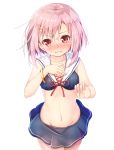  1girl bikini blush breasts cowboy_shot koharu_yoshino looking_at_viewer matokechi navel pink_hair red_eyes sailor_collar sakura_quest short_hair small_breasts solo swimsuit white_background 