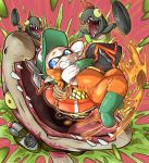  1girl baseball_cap boots bucket chum_(splatoon) domino_mask frying_pan gloves hat inkling looking_back mask orange_hair pointy_ears red_background rope rubber_boots rubber_gloves salmonid scared short_hair simple_background slosher_(splatoon) splatoon splatoon_2 steelhead_(splatoon) sweat tearing_up tentacle_hair uniform 