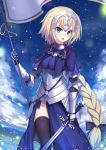  1girl armor blonde_hair blue_eyes braid breasts echj eyebrows_visible_through_hair fate/grand_order fate_(series) headpiece highres holding holding_flag holding_sword holding_weapon janne_d&#039;arc long_hair looking_at_viewer medium_breasts open_mouth ruler_(fate/apocrypha) short_sleeves solo standing sword teeth very_long_hair weapon 