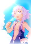  1girl blue_sky blush clouds cloudy_sky d-pad day food highres jacket looking_at_viewer navel neptune_(choujigen_game_neptune) neptune_(series) no_bra open_clothes open_jacket outdoors popsicle purple_hair segamark short_hair sky solo violet_eyes 