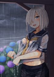  1girl black_bra blue_eyes blush bra breasts clouds cloudy_sky flower gloves hair_ornament hair_over_one_eye hairclip hamakaze_(kantai_collection) highres hydrangea kantai_collection large_breasts looking_at_viewer navel open_mouth outdoors panties plan_(planhaplalan) pleated_skirt rain school_uniform see-through serafuku shirt short_hair silver_hair skirt sky smile solo standing underwear water water_drop wet wet_clothes wet_hair wet_panties wet_shirt white_gloves white_shirt 