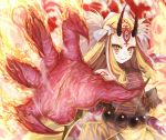  1girl blonde_hair earrings fate/grand_order fate_(series) fire horns ibaraki_douji_(fate/grand_order) japanese_clothes jewelry kimono long_hair looking_at_viewer oni pointy_ears puma_(hyuma1219) smile solo 