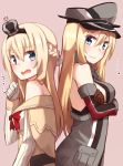  2girls back-to-back bare_shoulders bismarck_(kantai_collection) blonde_hair blue_eyes blush braid breastplate breasts brown_gloves crown french_braid gloves hairband hat highres kantai_collection kapatarou long_hair military military_hat military_uniform mini_crown multiple_girls off_shoulder open_mouth peaked_cap uniform warspite_(kantai_collection) 