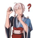  1boy ? fidget_spinner glasses hand_on_own_chin holding mefomefo morichika_rinnosuke solo thinking touhou white_hair yellow_eyes 