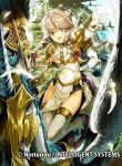  1girl armor blonde_hair braid breastplate brown_eyes company_name daigoman effie_(fire_emblem) feathers fire_emblem fire_emblem_cipher fire_emblem_echoes:_mou_hitori_no_eiyuuou gloves high_heels long_hair official_art open_mouth outstretched_arm pegasus pegasus_knight polearm riding solo thigh-highs twin_braids weapon white_gloves 