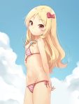  1girl bikini blonde_hair bow breasts brown_eyes clouds coffeiz_p cowboy_shot drill_hair eromanga_sensei front-tie_top groin hair_bow highres long_hair looking_at_viewer pink_bikini pointy_ears red_bow side-tie_bikini small_breasts smile solo standing striped striped_bikini swimsuit twin_drills yamada_elf 