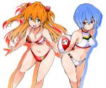  2girls adapted_costume ayanami_rei ball beachball bibi bikini blue_eyes blue_hair breasts cowboy_shot highres leaning_forward long_hair looking_at_viewer multiple_girls neon_genesis_evangelion open_mouth orange_hair red_bikini red_eyes short_hair small_breasts souryuu_asuka_langley swimsuit turtleneck white_bikini 