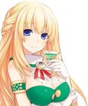 1girl bare_shoulders blonde_hair blue_eyes blush breasts cleavage cup drink drinking_glass glass large_breasts long_hair looking_at_viewer neptune_(series) official_art smile solo vert 