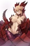  1girl alternate_color bare_shoulders bespectacled black-framed_eyewear blonde_hair breasts breasts_apart dragon_girl glasses hair_between_eyes head_fins highres horns large_breasts light_smile lips long_hair looking_at_viewer monster_girl monster_girl_encyclopedia navel parted_lips paws pink_lips scales serpent simple_background solo sookmo stomach white_background wyrm_(monster_girl_encyclopedia) yellow_eyes 