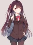  :&lt; alternate_costume bag girls_frontline highres long_hair looking_at_viewer pantyhose purple_hair red_eyes ribbon school_uniform side_ponytail solo wa2000_(girls_frontline) 