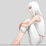  1girl armpits bangs bare_arms bare_shoulders barefoot black_eyes breasts closed_mouth from_side full_body leg_hug long_hair oopartz_yang original pants profile sitting small_breasts solo tank_top white_hair white_pants 