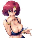  1girl after_war_gundam_x amania_orz bare_shoulders blue_eyes bracelet breasts cleavage collarbone dated ennil_el fingernails grin gundam headband jewelry large_breasts lips looking_at_viewer navel necklace redhead shiny shiny_hair shiny_skin short_hair simple_background smile solo twitter_username white_background 