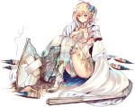  1girl blonde_hair blue_eyes blush boots breasts cape covering covering_breasts dress gloves high_heel_boots high_heels issairaku large_breasts neuschwanstein_(oshiro_project) official_art oshiro_project oshiro_project_re sitting solo thigh-highs thigh_boots torn_clothes transparent_background 