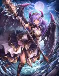  1girl armor black_legwear breasts cleavage elbow_gloves eyebrows_visible_through_hair full_body full_moon gloves hair_ornament hairclip highres holding holding_spear holding_weapon horns large_breasts leaning_forward long_hair looking_at_viewer lunacle medium_breasts moon night night_sky original pleated_skirt polearm purple_hair red_eyes skirt sky spear standing weapon white_gloves wings 
