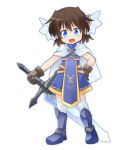  1girl :d armor armored_boots blue_eyes boots brown_hair cape gloves hand_on_hip huge_weapon kso looking_at_viewer open_mouth original short_hair simple_background smile solo sword thigh-highs weapon white_background white_legwear 