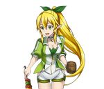  1girl :d blonde_hair braid breasts choker cleavage collarbone cowboy_shot floating_hair green_eyes green_ribbon hair_ribbon high_ponytail holding leafa medium_breasts open_mouth pointy_ears ribbon short_shorts shorts smile solo standing sword_art_online transparent_background twin_braids white_shorts 