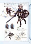  1girl armor armored_boots belt blue_eyes boots breastplate character_name chibi closed_eyes concept_art farrah_(granblue_fantasy) full_body gauntlets granblue_fantasy highres holding holding_sword holding_weapon lineart looking_at_viewer minaba_hideo official_art open_mouth pantyhose pleated_skirt scan shield short_hair shoulder_pads simple_background skirt standing sword thigh-highs weapon white_hair 