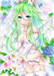  1girl alternate_costume bikini blush bouquet breasts bridal_veil choker cleavage collarbone commentary_request dress flower green_eyes green_hair hair_between_eyes highres hydrangea kantai_collection lily_(flower) long_hair looking_at_viewer marker_(medium) smile solo swimsuit tiara traditional_media veil wedding_dress white_bikini yamakaze_(kantai_collection) yoruoujito-tsukinohime 