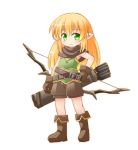  1girl arrow belt blonde_hair boots bow_(weapon) capelet elf full_body gloves green_eyes hair_down hand_on_hip kso long_hair looking_at_viewer original pointy_ears quiver shorts simple_background smile solo weapon white_background 