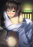  1girl all_fours black_hair blush breasts brown_eyes hair_between_eyes japanese_clothes kaga_(kantai_collection) kantai_collection kimono large_breasts long_sleeves looking_at_viewer mu-nyako nose_blush off_shoulder on_bed open_mouth short_hair side_ponytail solo wide_sleeves 