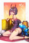  1girl bare_legs barefoot blush breasts commentary_request fate/grand_order fate_(series) from_side highres horns japanese_clothes kakage kimono lantern leaning_on_object looking_at_viewer oni oni_horns open_mouth purple_hair short_hair shuten_douji_(fate/grand_order) sitting small_breasts smile solo thighs violet_eyes 