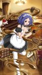  1girl :d alternate_costume apron black_dress blue_hair chess_belle chocolate choker collarbone dress enmaided frilled_apron frills indoors looking_at_viewer maid maid_headdress one_leg_raised open_mouth owari_no_seraph pantyhose red_eyes short_dress smile solo white_apron white_legwear 