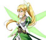  1girl between_breasts blonde_hair bracelet braid breasts choker collarbone cowboy_shot green_eyes green_wings hair_between_eyes hair_ornament hand_between_breasts high_ponytail jewelry large_breasts leafa pants pointy_ears sheath sheathed solo standing sword_art_online transparent_background twin_braids white_pants wings 